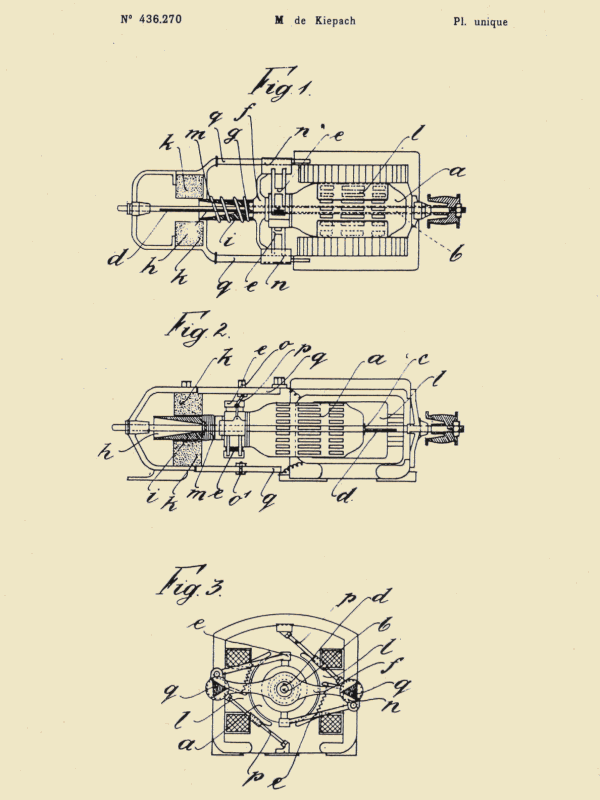 Outline and drawings for illumination dynamo invented and patented by Marcel Kiepach