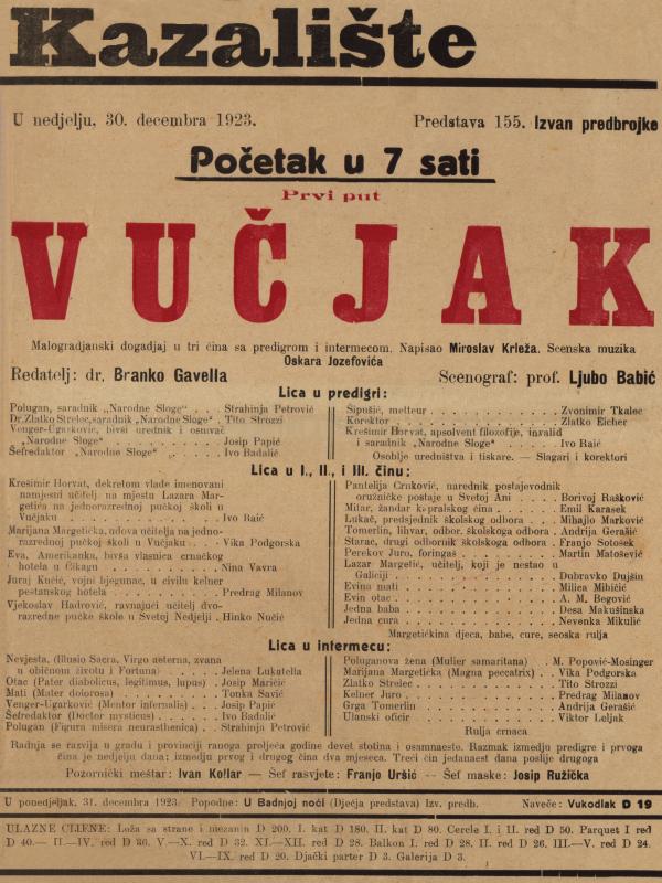Notice for the play Vučjak, December 1923
