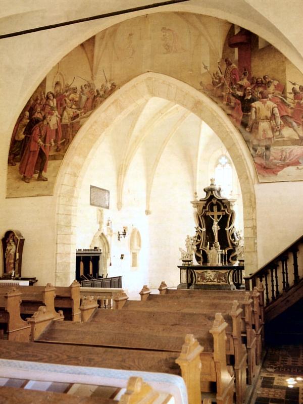 Church from the inside - the main altar and the painting Križevci Bloody Assembly in 1397