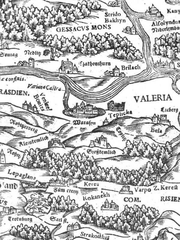 Prikaz Križevaca, detalj karte Hrvatske, W. Lazinis, 1556. godina