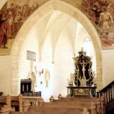 Church from the inside - the main altar and the painting Križevci Bloody Assembly in 1397