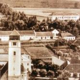 Bird's eye view of Križevci, the Church of the Holy Cross stands out, and the College of Agriculture can be seen in the distance